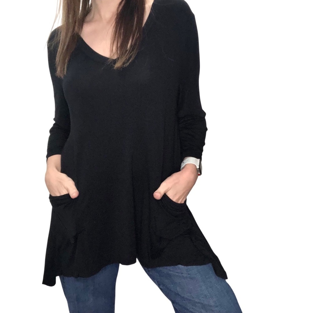 LOGO by Lori Goldstein Black L/S Pocket TunicTop Sz L Stretch Knit Lagenlook